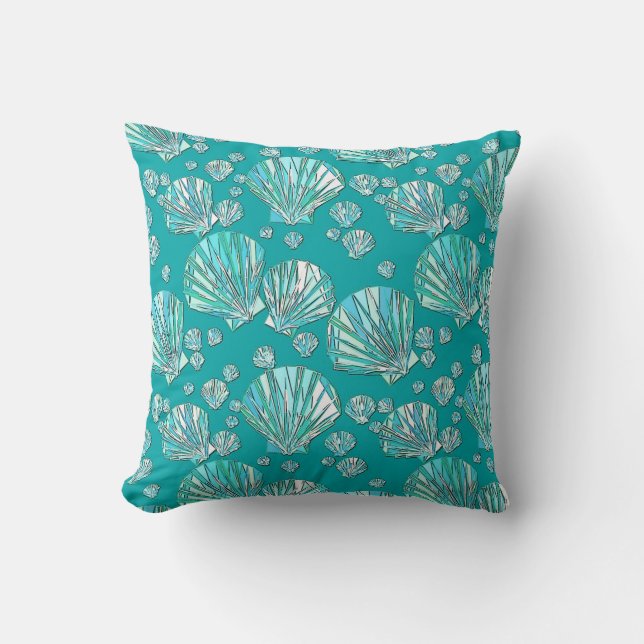 Teal, seafoam sea shells, turquoise background throw pillow (Front)