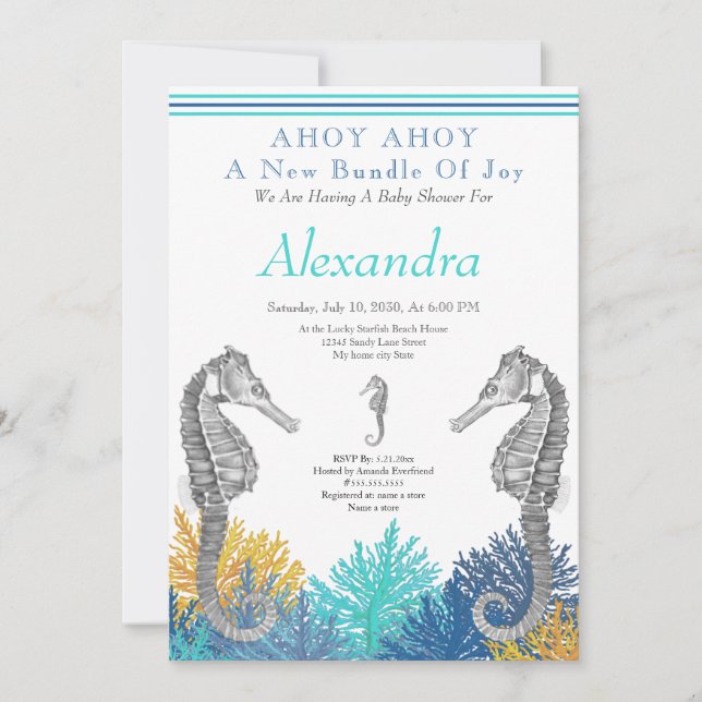 Teal Seahorse, Ahoy Baby Shower invitation  (Front)