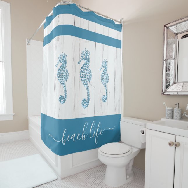 Teal seahorse beach life script white rustic wood (In Situ)