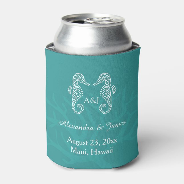 Teal Seahorse Beach Wedding Monogram Can Cooler (Can Front)