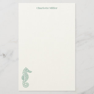 Teal seahorse blockprint coastal personalized stationery
