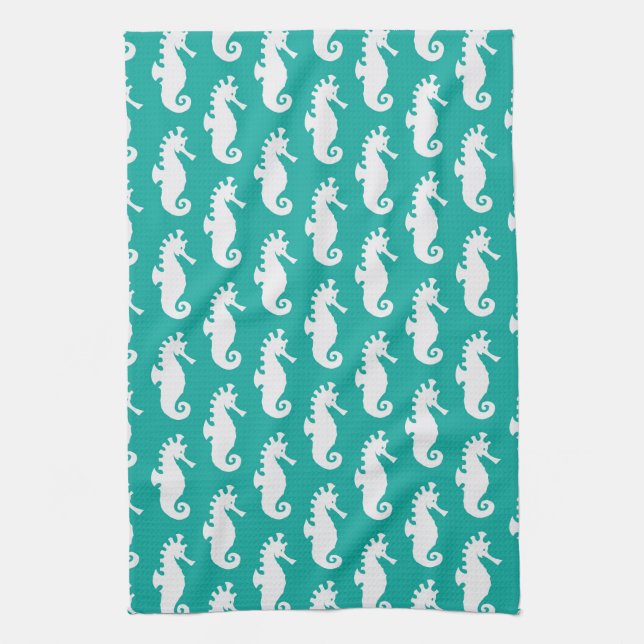 Teal Seahorse Pattern 1 Kitchen Towel (Vertical)