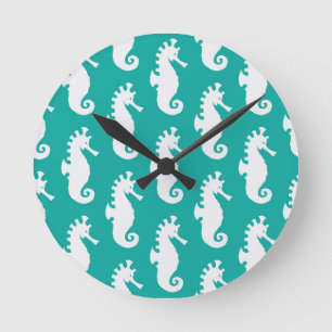 Teal Seahorse Pattern 1 Round Clock
