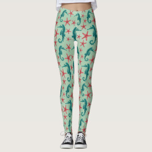 Teal Seahorse Pattern 2 Leggings