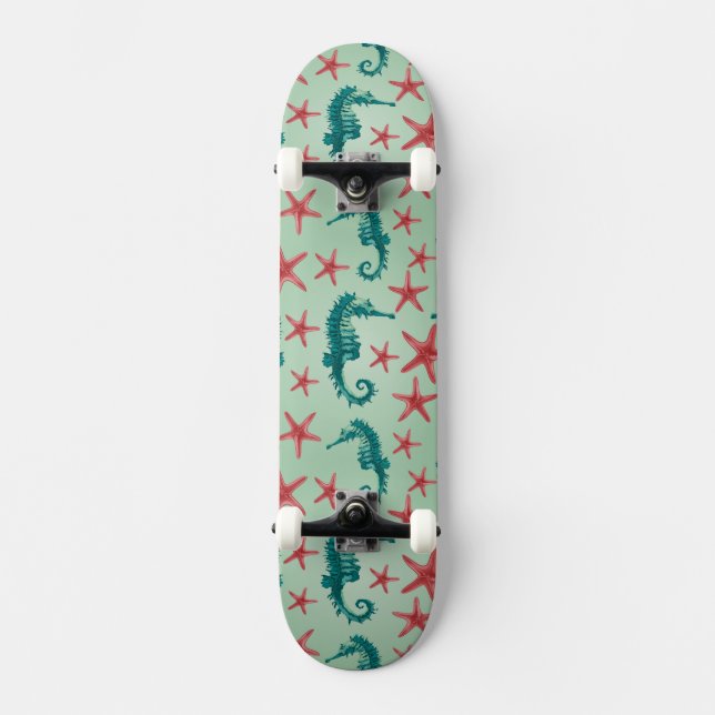 Teal Seahorse Pattern 2 Skateboard (Front)