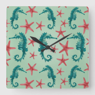 Teal Seahorse Pattern 2 Square Wall Clock