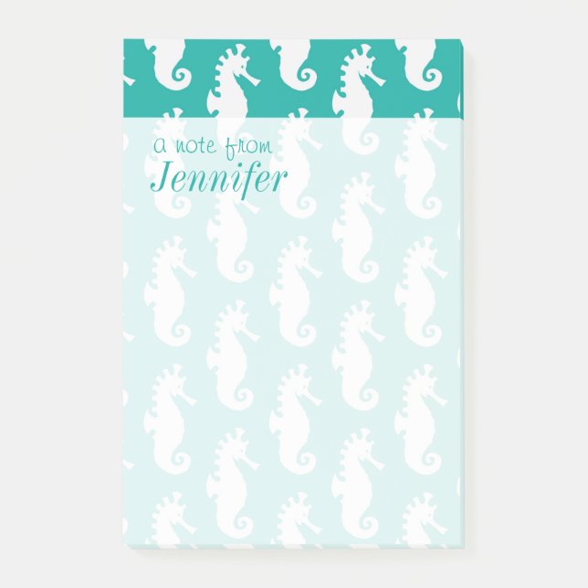 Teal Seahorse Pattern | Add Your Name Post-it Notes (Front)