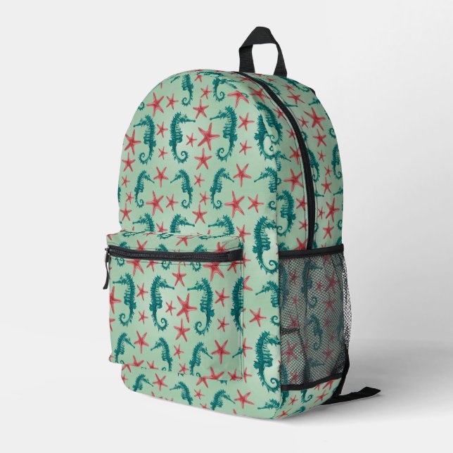 Teal Seahorse Pattern Printed Backpack (Back Corner Right)