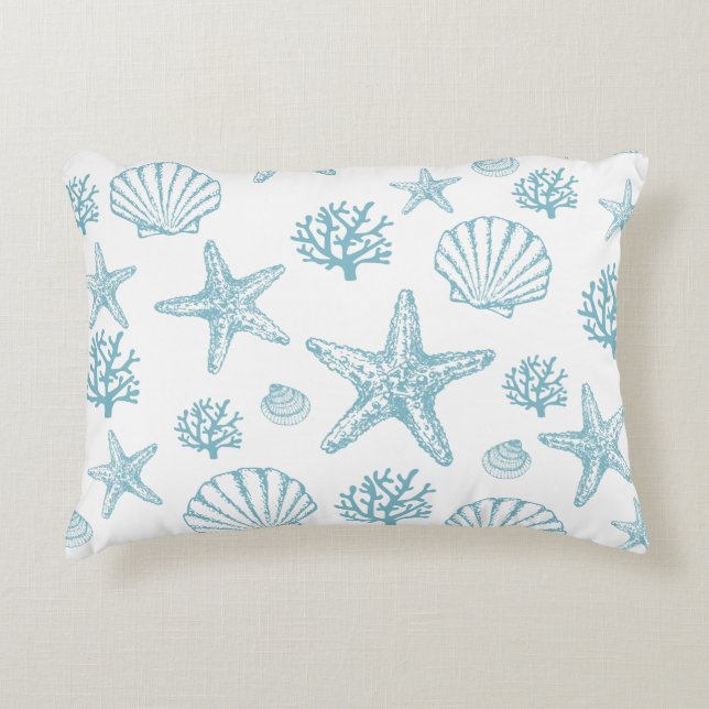 Teal Seashell Starfish Beachy Pattern Accent Pillow (Front)