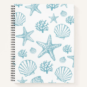 Teal Seashell Starfish Beachy Pattern Notebook