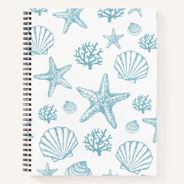 Teal Seashell Starfish Beachy Pattern Notebook (Front)