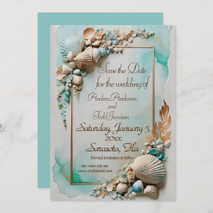 Teal seaside sea shell wedding save the date