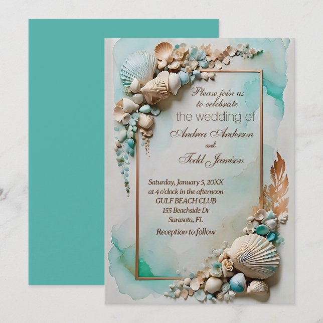 Teal seaside seashell wedding  invitation (Front/Back)
