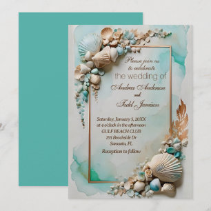 Teal seaside seashell wedding  invitation