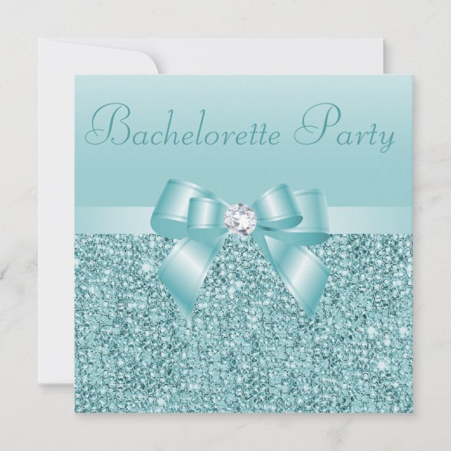 Teal Sequins, Bow & Diamond Bachelorette Party Invitation (Front)