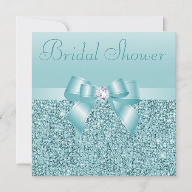 Teal Sequins, Bow & Diamond Bridal Shower Invitation (Front)