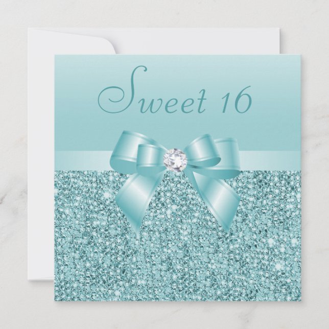 Teal Sequins, Bow & Diamond Sweet 16 Invitation (Front)