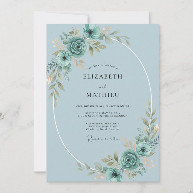 Teal Serene Flourish Wedding Invitation (Front)