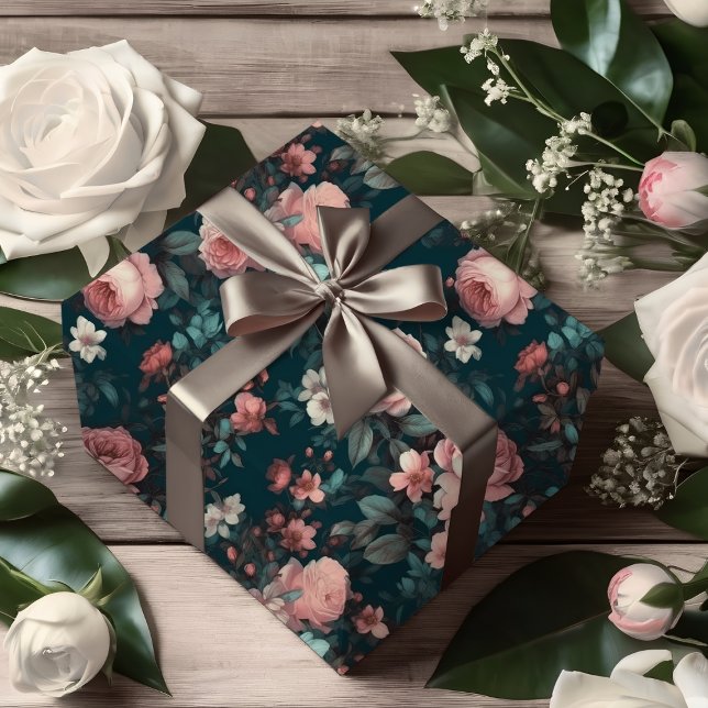 Teal Serenity With Pink Rose Garden Wrapping Paper (Creator Uploaded)
