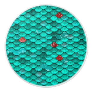 Teal Shimmer and Ruby Fish Scales Pattern Ceramic Knob