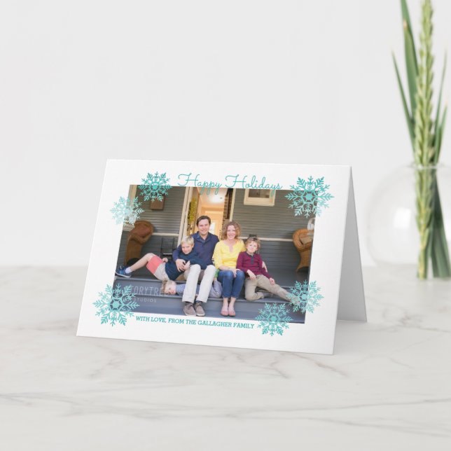 Teal Shimmering Chic Snowflake Holiday Photo Card (Front)