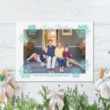 Teal Shimmering Chic Snowflake Holiday Photo