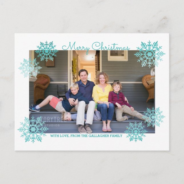 Teal Shimmering Chic Snowflake Holiday Photo Postcard (Front)