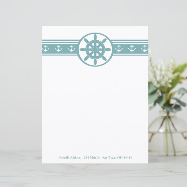 Teal Ships Wheel Personalized Paper Sheet (Standing Front)