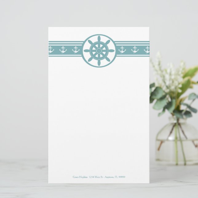 Teal Ships Wheel Personalized Stationery (Standing Front)