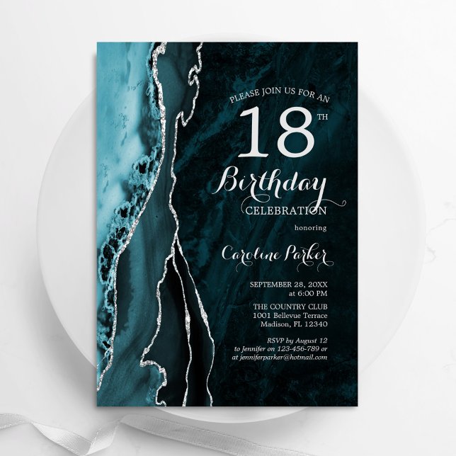 Teal Silver Agate 18th Birthday Invitation (Creator Uploaded)