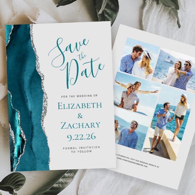 Teal Silver Agate 5-Photo Grey Save the Date Invitation (Creator Uploaded)