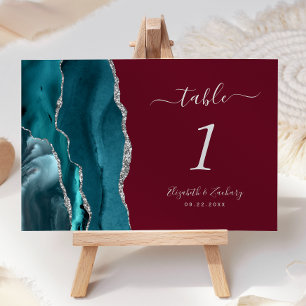 Teal Silver Agate Burgundy Wedding Table Number