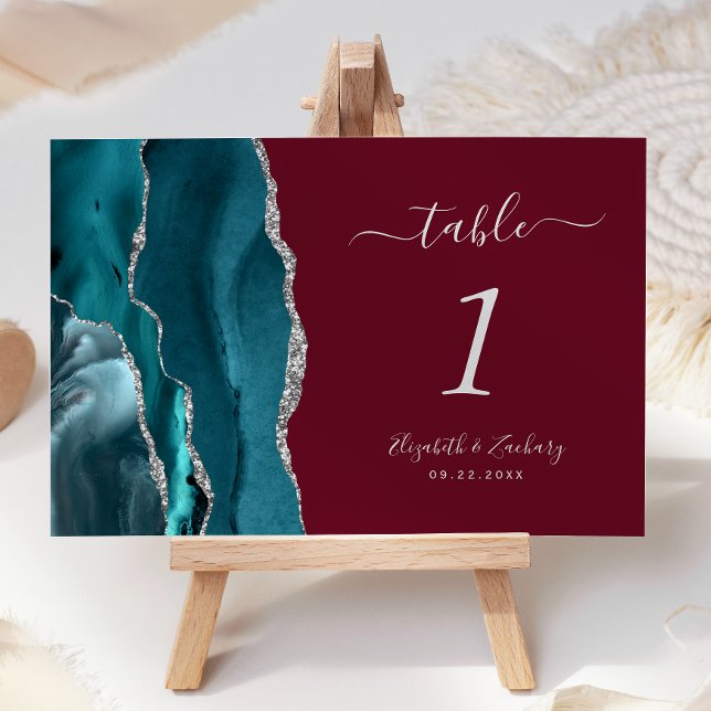 Teal Silver Agate Burgundy Wedding Table Number (Creator Uploaded)