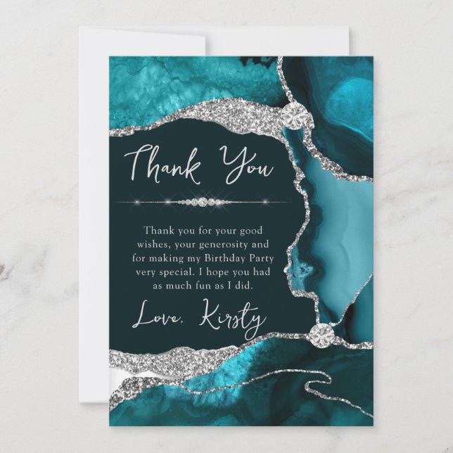 Teal Silver Agate Geode Birthday Thank You Card (Front)
