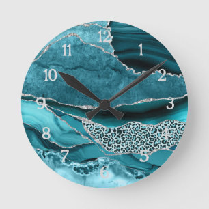 Teal Silver Agate Glitter Safari LEopard Print Round Clock