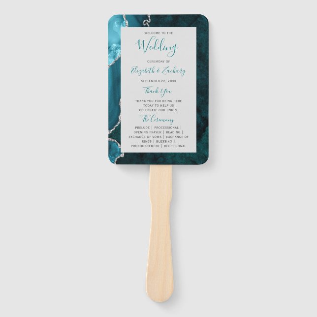 Teal Silver Agate Grey Wedding Program Hand Fan (Front)