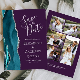 Teal Silver Agate Purple 5-Photo Save the Date Invitation