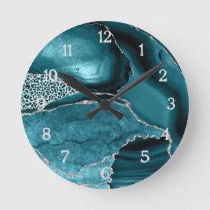 Teal Silver Agate Safari Glitter Leopard Print Round Clock