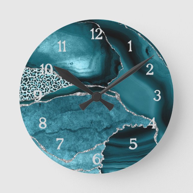 Teal Silver Agate Safari Glitter Leopard Print  Round Clock (Front)