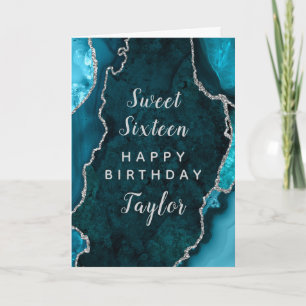 Teal Silver Agate Sweet Sixteen Happy Birthday Card