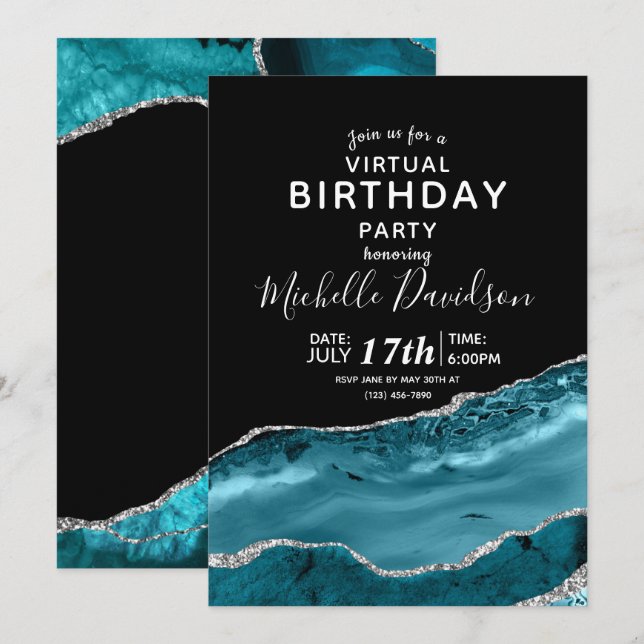 Teal & Silver Agate Virtual Birthday  Invitation (Front/Back)
