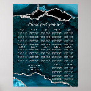 Teal Silver Agate Wedding 12 Table Seating Chart