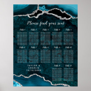 Teal Silver Agate Wedding Seating Chart 12 Table