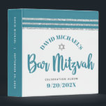 Teal Silver Bar Mitzvah Tallit Script Keepsake Binder<br><div class="desc">Let your favourite Bar Mitzvah be proud, rejoice and celebrate his milestone with this stunning keepsake scrapbook memory album. Bold, dusty teal blue green script typography, a silver Star of David and a dusty teal blue green and silver glitter striped tallit inspired graphic overlay a simple, white background. A white...</div>