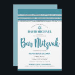 Teal Silver Bar Mitzvah Tallit Simple Modern Bold  Invitation<br><div class="desc">Be proud, rejoice and showcase this milestone of your favourite Bar Mitzvah! Send out this cool, unique, modern, personalized invitation for an event to remember. Bold, dusty teal blue script typography, Star of David and a dusty teal blue and silver glitter striped tallit inspired graphic overlay a simple, white background....</div>