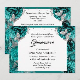 Teal silver butterfly elegant rose quinceanera invitation