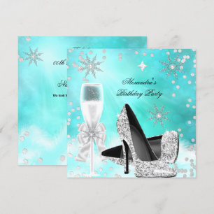 Teal Silver Champagne High Heels Birthday Invitation