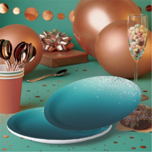 Teal Silver Confetti Paper Plate