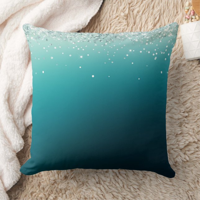 Teal Silver Confetti Throw Pillow (Blanket)