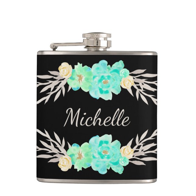 Teal & Silver Custom Monogram Flask (Front)